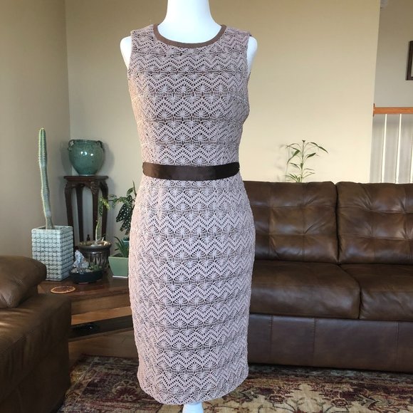 Anne Klein Dresses & Skirts - Anne Klein Crochet Sleeveless Cocktail Dress Midi Tan Brown Size 4